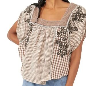Half moon Brown and White Gingham Embroidered Women's Top free people